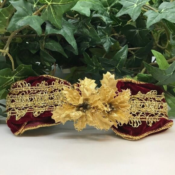 Velveteen Bow Barrette Gold Burgundy Vintage 1980s main image 12